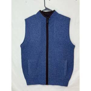 L.L. Bean Men’s Medium Blue 100% Merino Lambs Wool Zip-Front Vest Leather Trim